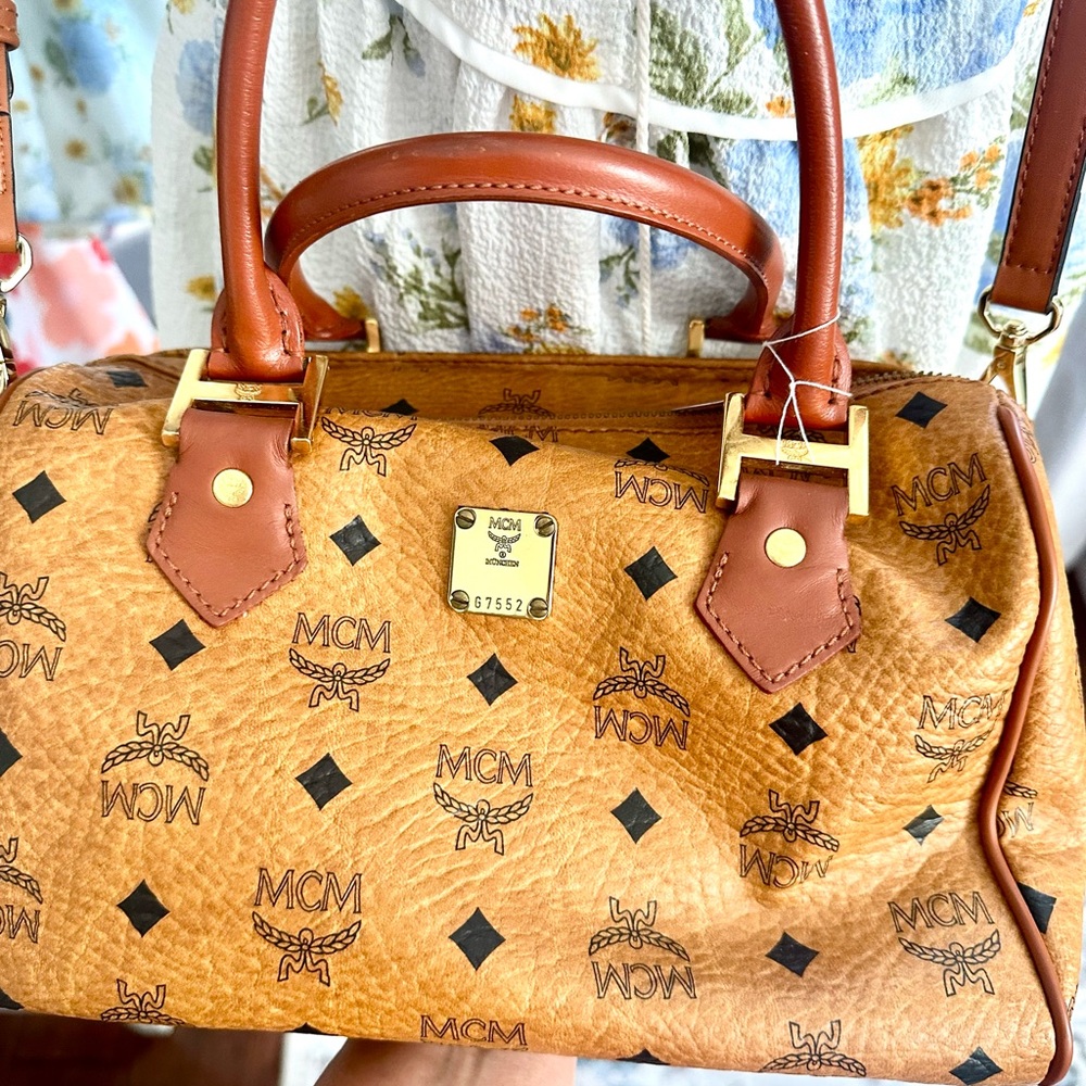 MCM Tan and Brown Satchel with Signature Monogram
